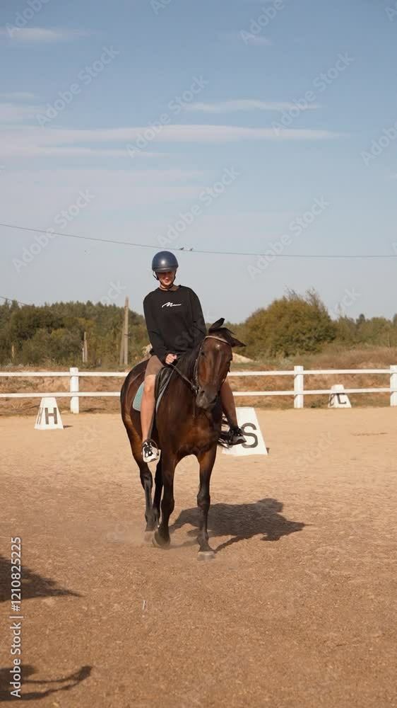 Horseback riding training session featuring young athlete trotting in riding school, demonstrating control and balance while wearing helmet and appropriate attire. Vertical video