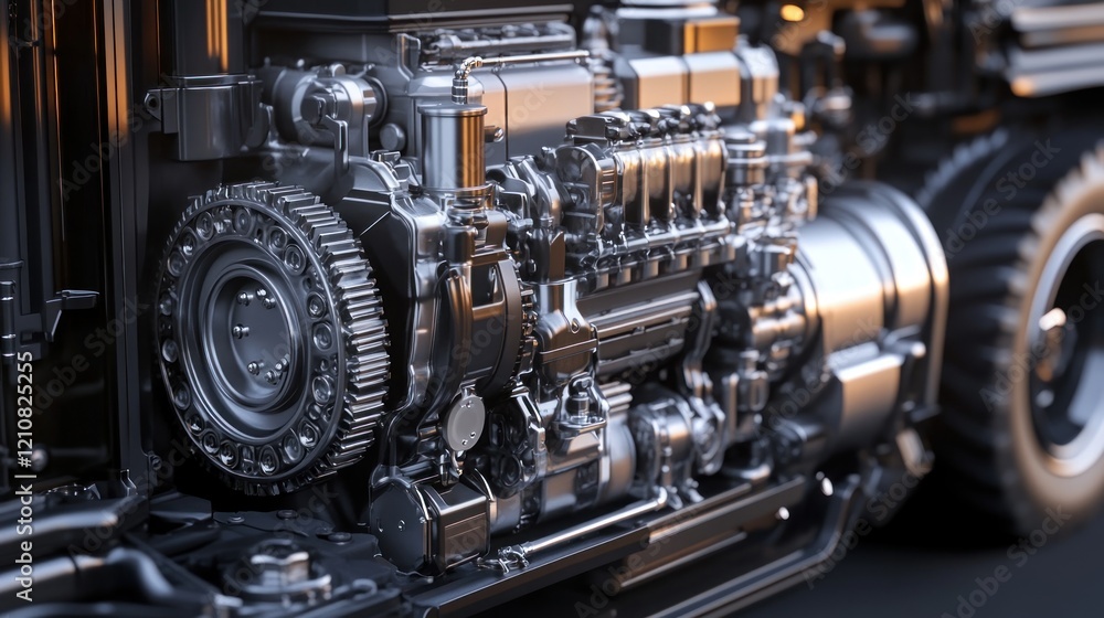 Powerful truck engine close-up, sunset backdrop, industrial design, automotive advertising Powerful truck engine close-up, sunset backdrop, industrial design, automotive advertising