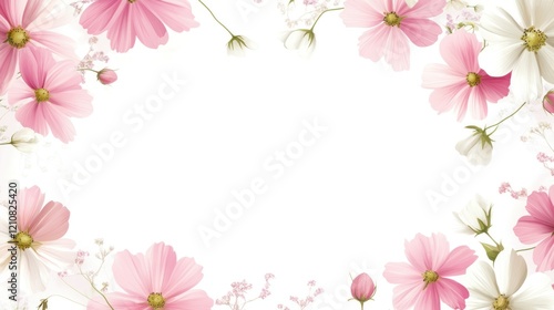 Pastel pink and white cosmos flowers frame, blank space, spring