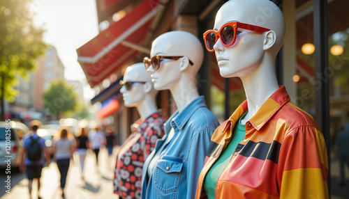 Trendy mannequins showcasing vibrant fashion accessories in shopping district, style inspiration photo