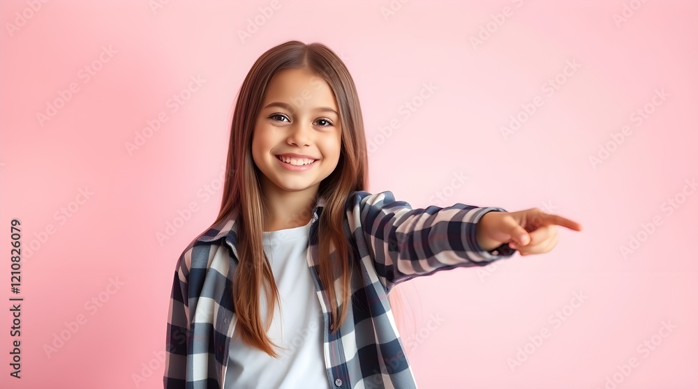 Young girl pointing sideways with a smile, dressed in a trendy checkered shirt against a pink background conveying happiness and lighthearted energy. AI Young girl pointing sideways with a smile, dressed in a trendy checkered shirt against a pink background conveying happiness and lighthearted energy. AI