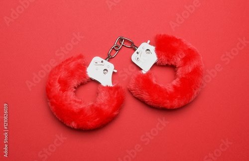 Фотография Red sexy fluffy handcuffs on a red