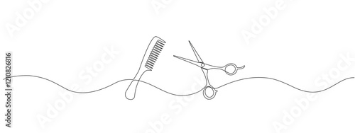 A simple drawing of scissors and comb as one continuous line for a modern symbol of a barber shop or salon. Editable stroke . Minimalistic vector illustration.