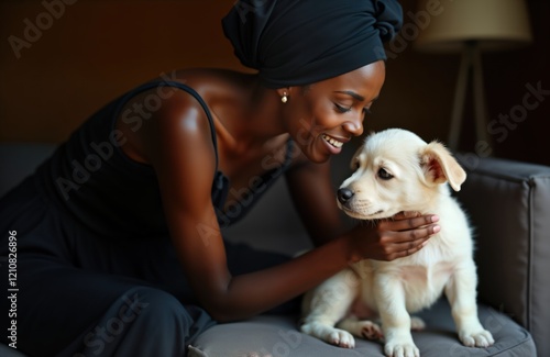 Wallpaper Mural Young African woman with black turban, dress sits comfortably on cozy chair. Lovingly strokes small white puppy. Warm home setting indoors. Affectionate owner, pet moment. Happy, relaxed expressions. Torontodigital.ca