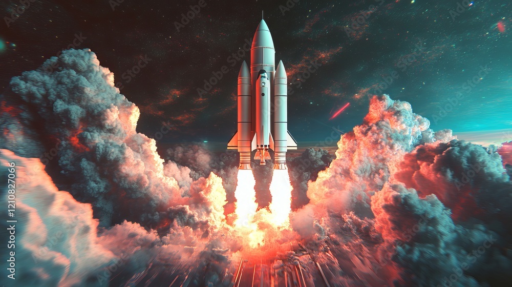 Fototapeta premium Futuristic Rocket Launch Over Skyscrapers in Vibrant Cityscape, Representing Innovation, Technology, and Progress in Space Exploration and Ambitious Business Growth with Fiery, Orange Glow