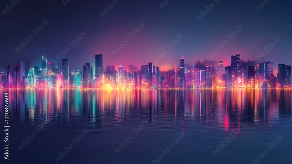 Surreal glowing cityscape reflecting in calm water under the night sky Surreal glowing cityscape reflecting in calm water under the night sky