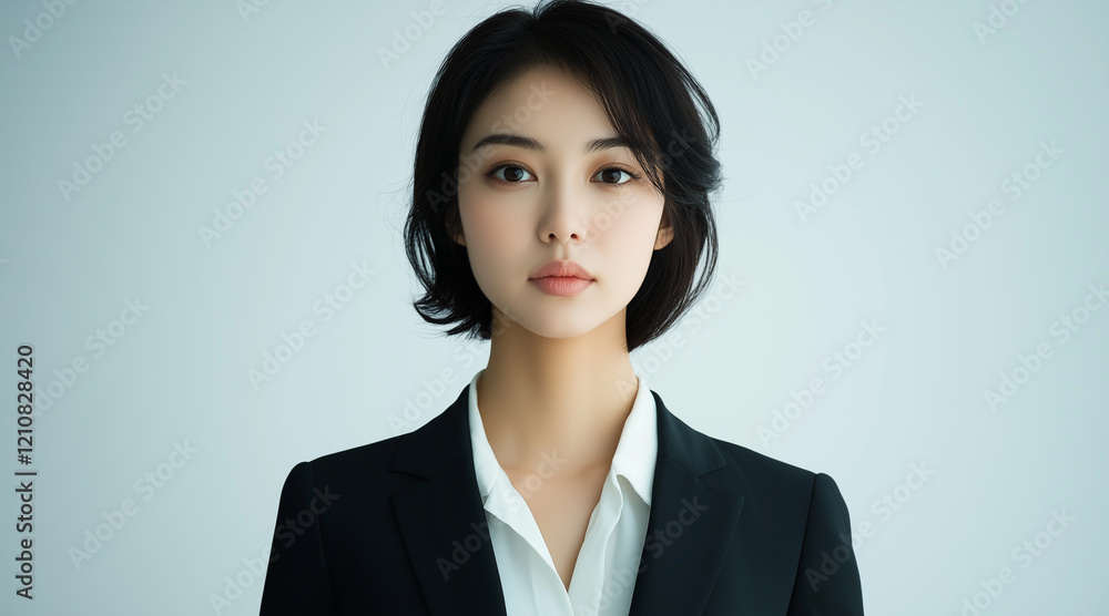 A professional Asian woman in her 30s with short, well-groomed black hair, wearing a formal tailored jacket suit. He has a confident and serene expression, pure white background. professionalism. A professional Asian woman in her 30s with short, well-groomed black hair, wearing a formal tailored jacket suit. He has a confident and serene expression, pure white background. professionalism.