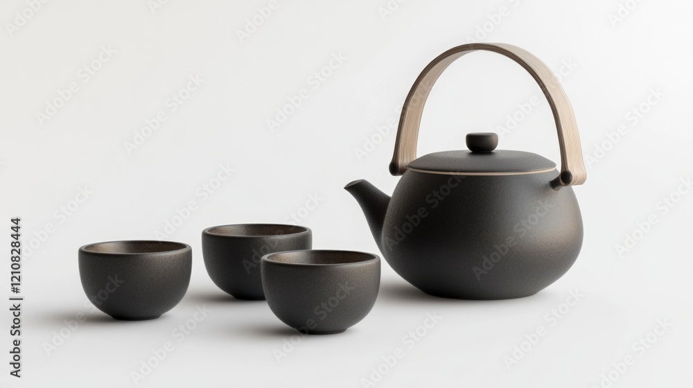 traditional Japanese tea set with dark ceramic cups, minimalistic and elegant, high detail and realistic traditional Japanese tea set with dark ceramic cups, minimalistic and elegant, high detail and realistic