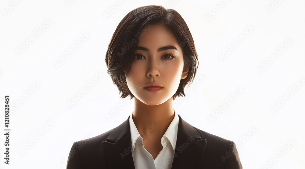 A professional Asian woman in her 30s with short, well-groomed black hair, wearing a formal tailored jacket suit. He has a confident and serene expression, pure white background. professionalism. A professional Asian woman in her 30s with short, well-groomed black hair, wearing a formal tailored jacket suit. He has a confident and serene expression, pure white background. professionalism.
