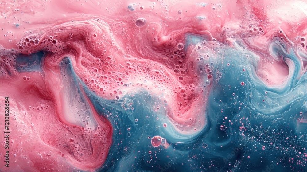Fototapeta premium Abstract swirling patterns in pink and blue with bubbles and fluid textures.