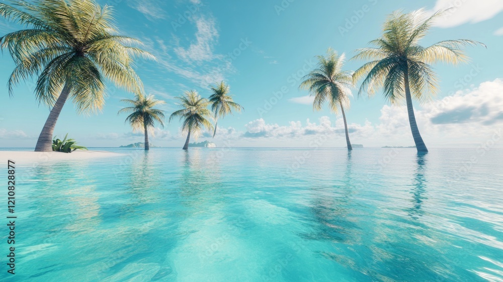 Tropical island with palm trees and clear turquoise water, bright blue sky, peaceful and inviting, highly detailed, warm and natural, calm and idyllic Tropical island with palm trees and clear turquoise water, bright blue sky, peaceful and inviting, highly detailed, warm and natural, calm and idyllic