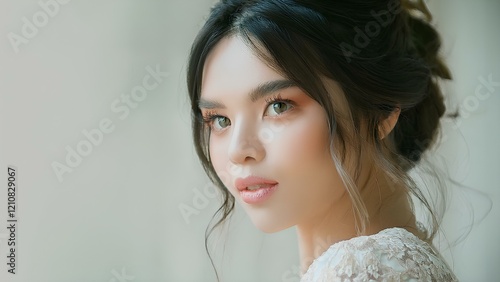 A beautiful young woman looks at you calmly from a half-turn, her bright eyes drawing you in. This close-up captures her captivating features, exuding confidence and elegance.