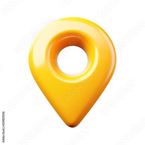 3D yellow location pin icon with a hollow center, representing navigation, direction, and maps in a sleek, modern design. Isolated on transparent background, png.