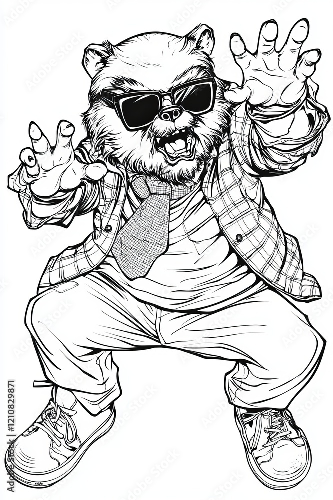 Fototapeta premium A cartoonish raccoon character in sunglasses, a checkered shirt, and a tie, striking a playful pose.