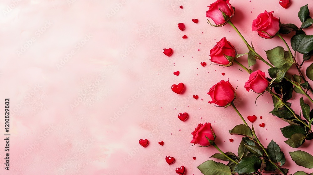 Valentine's Day card with roses and small hearts on pastel background, high detail, romantic and elegant, warm and inviting festive decoration Valentine's Day card with roses and small hearts on pastel background, high detail, romantic and elegant, warm and inviting festive decoration