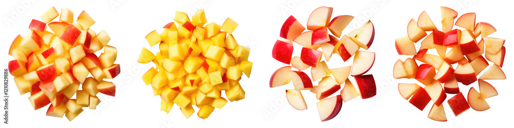 top view of diced fruit apple isolated on transparent background, PNG, Set of