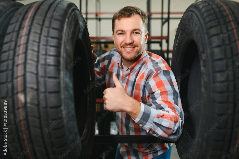 Fototapeta premium Man chooses winter car tires in the auto shop