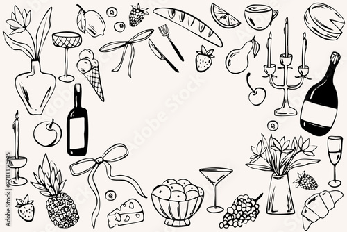 Hand drawn dinner vector frame with food drinks candles and flowers in line art whimsical style. Decorative elements in monochrome colors. Perfect for invitation, menu, greeting card, posters, prints