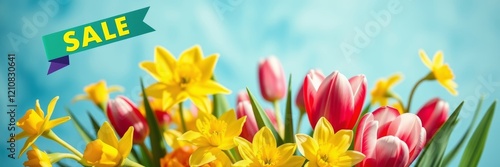 Colorful bouquet of tulips and daffodils with bright yellow and pink flowers against a soft blue background featuring a 'SALE' banner photo