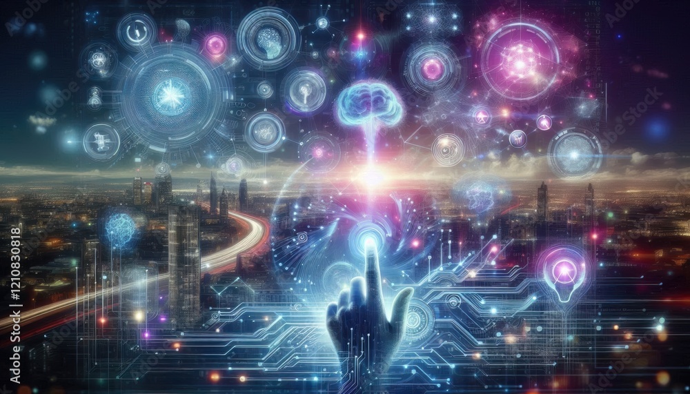 A futuristic setting representing the harmony between humans and machines. A hand interacting with a digital interface, surrounded by floating complex algorithms, data streams A futuristic setting representing the harmony between humans and machines. A hand interacting with a digital interface, surrounded by floating complex algorithms, data streams