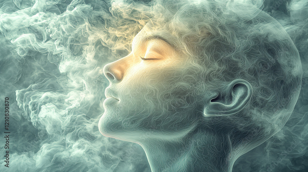 A digital artwork showing a transparent head with a bright, orderly conscious mind at the surface, being enveloped by shadowy, swirling patterns of subconscious thoughts creeping upward. A digital artwork showing a transparent head with a bright, orderly conscious mind at the surface, being enveloped by shadowy, swirling patterns of subconscious thoughts creeping upward.