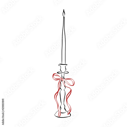 Hand drawn candle with ribbons and bows. Vintage elements in simple crayon and sketch style. Coquette core symbols for Valentine day and wedding invitations. Doodle outline vector illustration