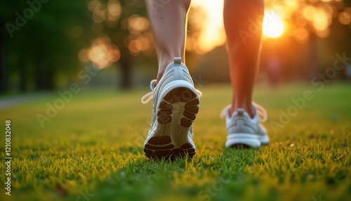 Fototapeta Naklejka Na Ścianę i Meble -  Woman walks in park at sunset. Close up of legs, shoes. Active lifestyle concept. Outdoors. Healthy. Enjoying nature. Summer. Activewear. Sneakers. Leisure. Recreation. Sunny day. Green grass.