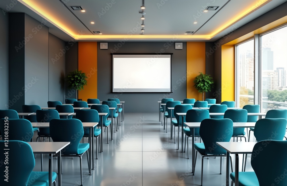 Modern conference room interior. Rows of empty teal chairs, small tables arranged facing blank projector screen. Empty room ready for business seminar lecture. Stylish contemporary design. Indoor Modern conference room interior. Rows of empty teal chairs, small tables arranged facing blank projector screen. Empty room ready for business seminar lecture. Stylish contemporary design. Indoor