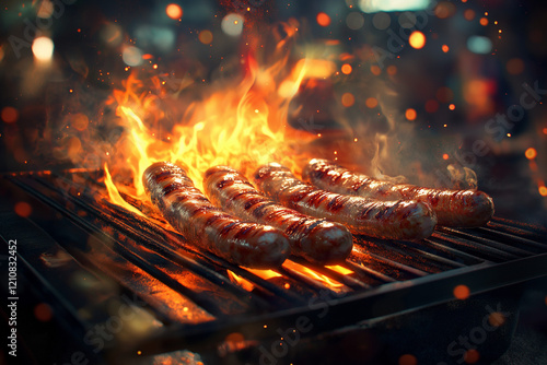 Sizzling Würstchen auf dem Grill mit rauchigen Flammen und Glanz

 photo