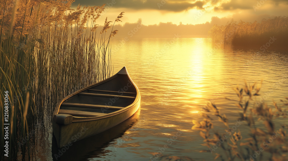 Obraz premium Ruhige Bootsfahrt im goldenen Licht eines Sonnenuntergangs