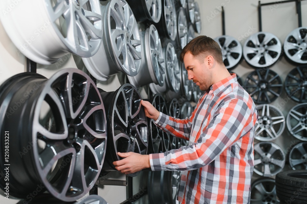 male customer choosing alloy wheel rims at car repair service or auto store male customer choosing alloy wheel rims at car repair service or auto store