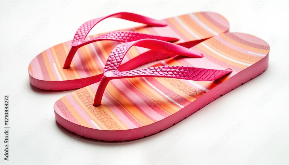 Pair of bright pink flip-flops with orange and pink stripes. Stylish footwear perfect for summer. Sandals are isolated on white background. Design is trendy and colorful. Ideal for children or adults. Pair of bright pink flip-flops with orange and pink stripes. Stylish footwear perfect for summer. Sandals are isolated on white background. Design is trendy and colorful. Ideal for children or adults.