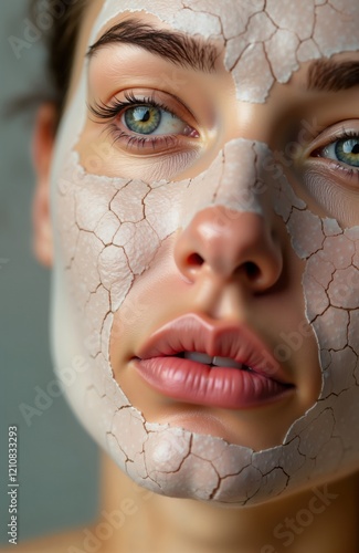 Closeup view of woman with dry skin face mask. Skin cracked, flaky. Image suggests skincare problem like dermatitis. Woman serious facial skin dryness problem. Skin texture rough. Possible photo