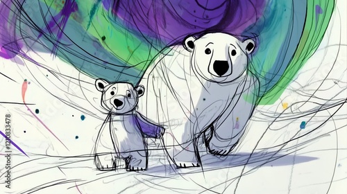 Expressive line art of a polar bear and cub with vibrant aurora colors swirling in the background. Perfect for wildlife and environmental themes. International polar bear day. photo