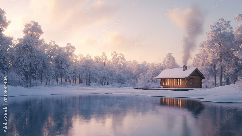 Fototapeta premium Idyllische Winterlandschaft mit Hütte am gefrorenen See
