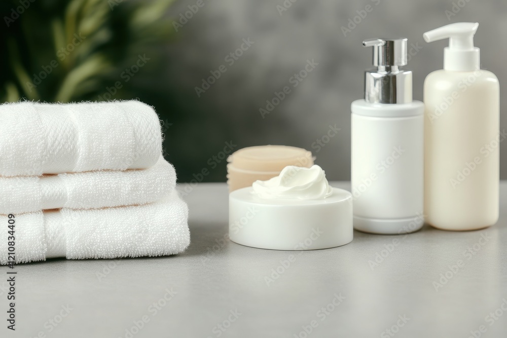 A serene bathroom setup featuring plush towels and elegant skincare products, promoting relaxation and self-care. A serene bathroom setup featuring plush towels and elegant skincare products, promoting relaxation and self-care.