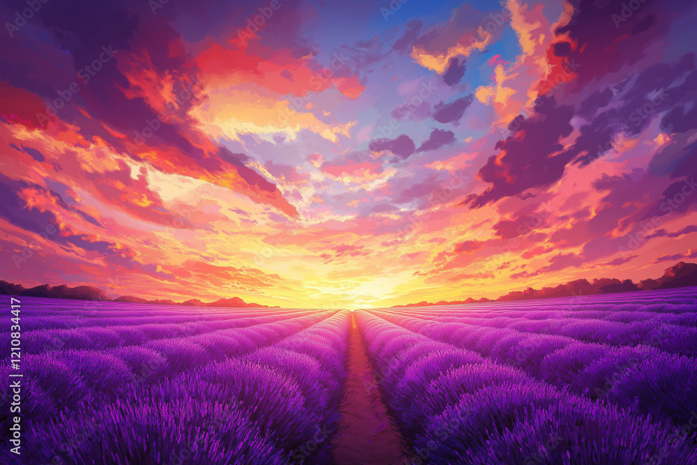 Fototapeta premium Lavendelfeld bei Sonnenuntergang mit strahlenden Farben