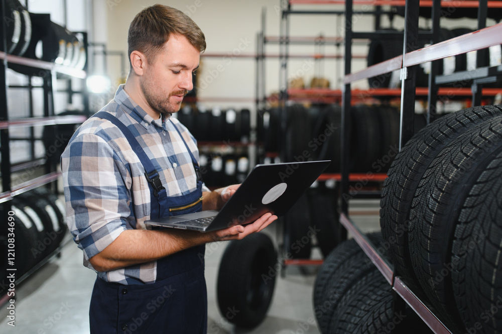 Portrait of a tire fitting worker. A large warehouse or store of various car tires Portrait of a tire fitting worker. A large warehouse or store of various car tires