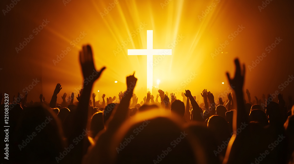 Fototapeta premium Vibrant Worship Scene with Cross and Raised Hands Amidst Radiant Light at Religious Event : Generative AI