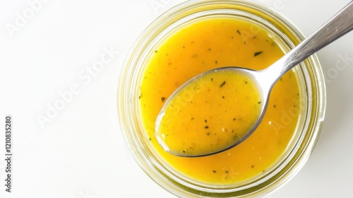 A jar of tangy mango lime vinaigrette with fresh mango puree, lime juice, honey
