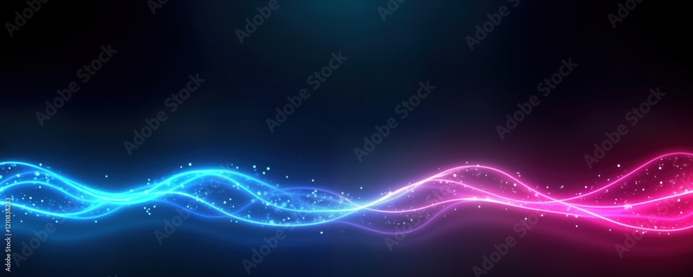 Fototapeta premium Abstract tech design with blue, pink neon lights. Dynamic glowing lines create wavy patterns on dark background. Futuristic, modern visuals perfect for digital screens presentations. Stylish colors,