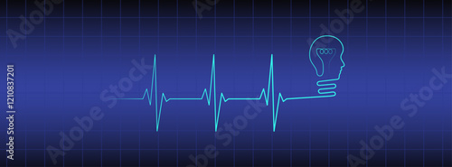 Heart rhythm illustration with lightbulb on blue medical background, heartbeat line vector design to use for healthcare, business, healthy lifestyle, medicine, ekg concept illustration projects. 