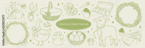 Hand drawn Spring and Easter Collection. Doodle cute drawing for decor, greeting cards, invitations. Village summer style. Flower wreaths, bunny, goose with bow, lamb, Easter chocolate eggs.