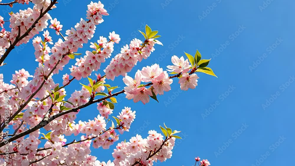 Close-Up of Pink Cherry Blossom Branches Against a Clear Blue Sky on a Sunny Spring Day
Close-Up of Pink Cherry Blossom Branches Against a Clear Blue Sky on a Sunny Spring Day