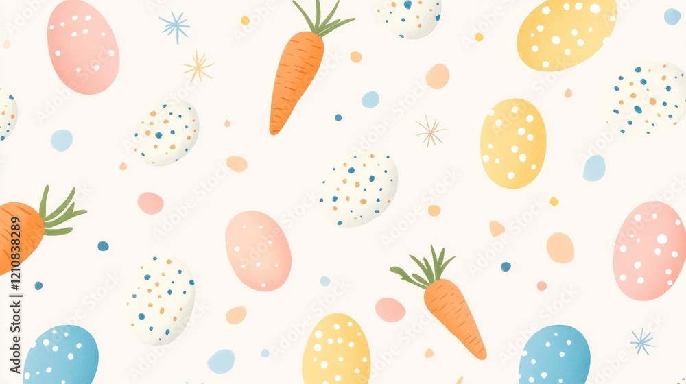 flat illustration gentle soft minimalistic Easter pattern made of colorful eggs and small baby carrots flat illustration gentle soft minimalistic Easter pattern made of colorful eggs and small baby carrots
