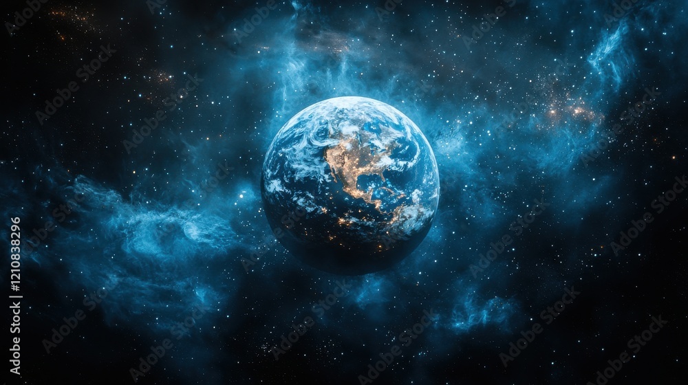 Obraz premium View of Earth surrounded by glowing cosmic nebulae and stars in deep space at nighttime