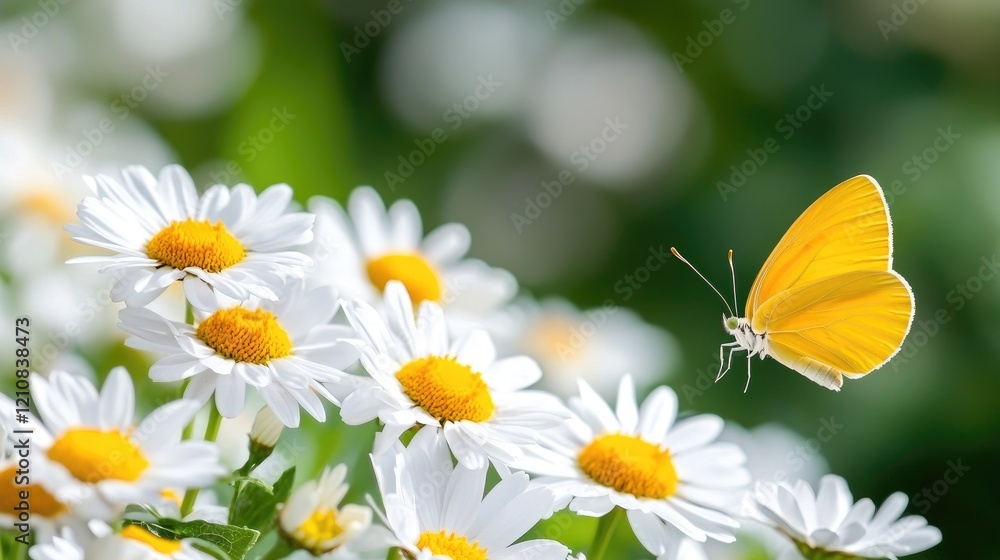 Yellow butterfly flying near white daisies in a garden; spring nature background for cards Yellow butterfly flying near white daisies in a garden; spring nature background for cards