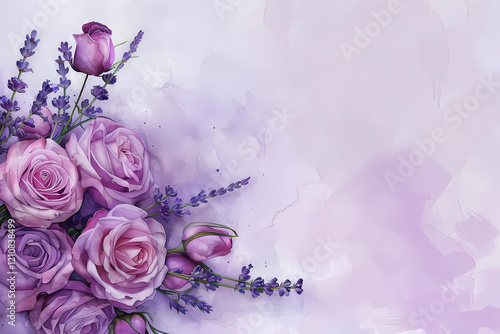  a wedding bouquet of purple roses and lavender on a soft purple background with free space on the right for inserting text 