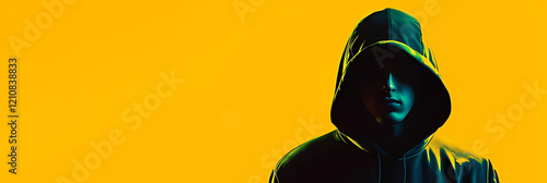 Coder in a hoodie, face unrecognizable. Hacker, computer security. yellow background with blank empty copy space for text