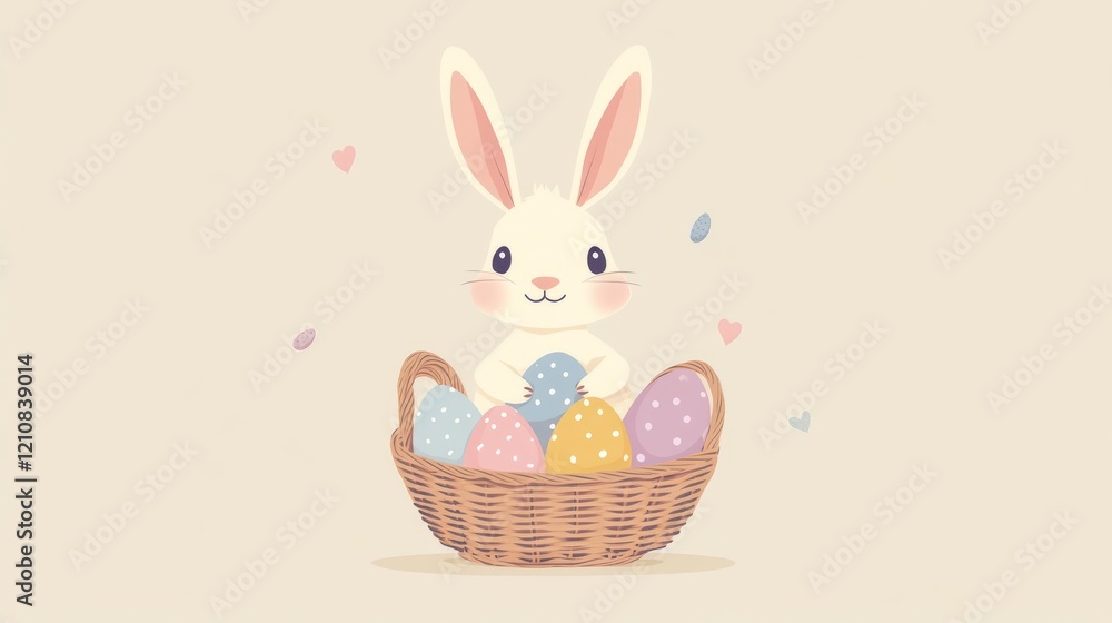 flat illustration of cute, playful bunny holding basket of colorful Easter eggs. The eggs of soft pastel colors like pink, blue, lavender, and yellow flat illustration of cute, playful bunny holding basket of colorful Easter eggs. The eggs of soft pastel colors like pink, blue, lavender, and yellow